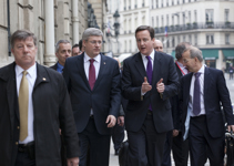 [Prime Minister Stephen Harper walks to the British embassy with Prime Minister David Cameron after an emergency meeting on the crisis in Libya in Paris, France] 19 March 2011