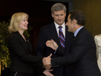 [Prime Minister Stephen Harper and Laureen Harper greet French President Sarkozy at the Francophonie Summit in Québec City] 17 October 2008