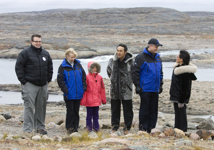 [Prime Minister Stephen Harper, his wife Laureen Harper and his daughter Rachel walk with local candidate Leona Aglukkaq and Nunavut Premier Paul Okalik in Iqaluit, Nunavut] 20 September 2008