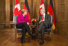 [Prime Minister Stephen Harper meets with Angela Merkel, Chancellor of Germany, in his Centre Block office on Parliament Hill in Ottawa] 9 February 2015