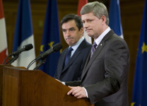 [Prime Minister Stephen Harper and French Prime Minister François Fillon hold a joint news conference on Parliament Hill in Ottawa] 2 July 2008