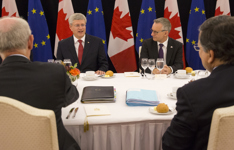 [Prime Minister Stephen Harper, Herman Van Rompuy, President of the European Council, and José Manuel Barroso, President of the European Commission, participate in a working lunch along with Minister Edward Fast on Parliament Hill during the Canada-European Union Summit] 26 September 2014