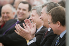 [Prime Minister Stephen Harper and Manitoba Premier Gary Doer react to Gail Asper's speech at the ground-breaking ceremony for the Canadian Museum for Human Rights in Winnipeg, Manitoba] 19 December 2008