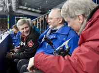 [Prime Minister Stephen Harper attends the Wheelchair Curling gold medal match with Sir Philip Craven and Sam Sullivan at the Vancouver 2010 Paralympics] 20 March 2010