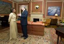[Prime Minister Stephen Harper and Governor General Michaëlle Jean chat after Josée Verner is sworn in as the Minister for La Francophonie and David Emerson is sworn in as Minister of Foreign Affairs at Rideau Hall in Ottawa] 26 May 2008