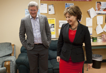 [Prime Minister Stephen Harper shares a laugh with British Columbia Premier Christy Clark prior to officially opening the Centre of Excellence for Clean Energy Technology at the Northern Lights College in Dawson Creek, British Columbia] 15 October 2011