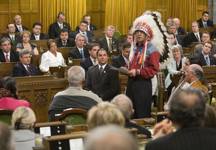 [Assembly of First Nations Chief Phil Fontaine responds to the official apology for more than a century of abuse and cultural loss involving Indian residential schools at a ceremony in the House of Commons on Parliament Hill in Ottawa] 11 June 2008