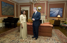 [Prime Minister Stephen Harper and Governor General Michaëlle Jean chat after Josée Verner is sworn in as the Minister for La Francophonie and David Emerson is sworn in as Minister of Foreign Affairs at Rideau Hall in Ottawa] 26 May 2008