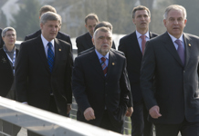 [Prime Minister Stephen Harper and other NATO leaders make their way to a military ceremony and family photo in Strasbourg, France] 4 April 2009