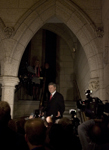 [Prime Minister Stephen Harper talks to the media following votes in favour of the government's motion to call Québécois' a nation within a nation during votes on Parliament Hill in Ottawa] 27 November 2006