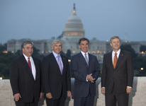 [Public Safety Minister Peter Van Loan, Foreign Affairs Minister Lawrence Cannon, Prime Minister Stephen Harper and Environment Minister Jim Prentice pause for a photo on the roof of the Canadian Embassy in Washington, DC] 15 September 2009