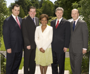 [Ministers Michael Fortier, Christian Paradis and James Moore pause for a picture with Prime Minister Stephen Harper and Governor General Michaëlle Jean following a cabinet mini-shuffle ceremony at Rideau Hall in Ottawa] 25 June 2008