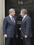 [British Prime Minister Gordon Brown greets Prime Minister Stephen Harper at 10 Downing Street, the home of the British Prime Minister, during Harper's visit to London] 29 May 2008