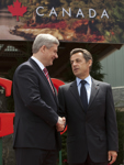 [Prime Minister Stephen Harper greets Nicolas Sarkozy, President of the French Republic, as he arrives for the G8 Summit in Huntsville, Ontario] 25 June 2010