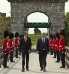 [Prime Minister Stephen Harper and Steven Blaney, Minister of Veterans Affairs, cross the North Passage Bridge at Fort Lennox in Saint-Paul-de-l'Île-aux-Noix, Quebec, prior to announcing new battle honours commemorating the War of 1812] 14 September 2012