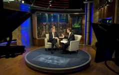 [Prime Minister Stephen Harper chats with Fox Business News host David Asman during an interview in New York City] 23 February 2009