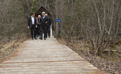[Prime Minister Stephen Harper chats with Leona Aglukkaq, Keith Ashfield, Robert Sopuck, and John Williamson, at Berry Brook prior to launching the National Conservation Plan while in New Maryland, New Brunswick] 15 May 2014