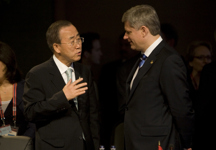 [Prime Minister Stephen Harper chats with UN Secretary General Ban Ki-moon prior to the opening plenary session at the Summit of the Americas in Port of Spain, Trinidad and Tobago] 18 April 2009