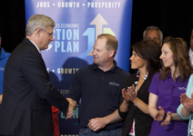 [Prime Minister Stephen Harper shakes hands with employees from Vector Aerospace Engine Services - Atlantic prior to announcing support for projects in Prince Edward Island] 14 May 2013