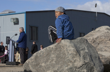 [Prime Minister Stephen Harper, Chuck Strahl, Nunavut Premier Eva Aariak and Leona Aglukkaq make a funding announcement for a new modern harbour in Pangnirtung, Nunavut] 20 August 2009