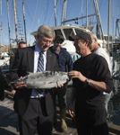 [Local fisherman show Prime Minister Stephen Harper a tuna during the Prime Minister's stop to buy fish at the Fisherman's Wharf in Victoria, British Columbia] 9 September 2010