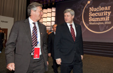 [Prime Minister Stephen Harper walks to meetings with Gary Doer, Ambassador of Canada to the United States, at the Nuclear Security Summit in Washington, DC] 13 April 2010