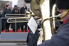 [Prime Minister Stephen Harper, Governor General Michaëlle Jean and Silver Cross Mother, Avril Dianna Stachnik, watch the march pass during Remembrance Day ceremonies in Ottawa] 11 November 2008