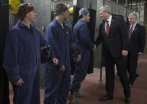 [Prime Minister Stephen Harper meets with welders Robb Kerr, Evan Wendland, Josh Avery prior to the Helmets to Hardhats announcement in Edmonton, Alberta] 6 January 2012