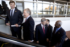 [New Brunswick Premier Shawn Graham, Quebec Premier Jean Charest, Prime Minister Stephen Harper and Francophonie Secretary-General Abdou Diouf head to a closing news conference at the Francophonie Summit in Québec City] 19 October 2008