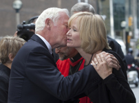 [Laureen Harper greets Governor General David Johnston at the state funeral of Jack Layton, leader of Her Majesty's Loyal Opposition in Toronto, Ontario] 27 August 2011