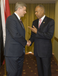 [Prime Minister Stephen Harper is greeted by the Prime Minister of Trinidad and Tobago, Patrick Manning, on his arrival for a reception at the Summit of the Americas in Port of Spain, Trinidad and Tobago] 17 April 2009