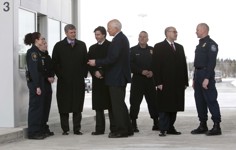 [Prime Minister Stephen Harper is joined by Shawn Graham, Premier of New Brunswick, David Jacobson, United States Ambassador to Canada, and Greg Thompson for the opening of a new border crossing in St. Stephen, New Brunswick] 8 January 2010