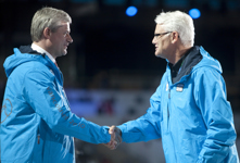 [Prime Minister Stephen Harper and British Columbia Premier Gordon Campbell shake hands after addressing thousands of Olympic volunteers at BC Place in Vancouver] 10 February 2010