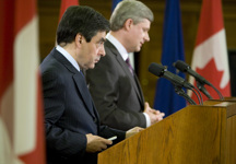 [Prime Minister Stephen Harper and French Prime Minister François Fillon hold a joint news conference on Parliament Hill in Ottawa] 2 July 2008