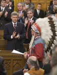 [Assembly of First Nations Chief Phil Fontaine responds to the official apology for more than a century of abuse and cultural loss involving Indian residential schools at a ceremony in the House of Commons on Parliament Hill in Ottawa] 11 June 2008