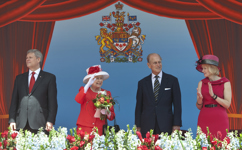 [Prime Minister Stephen Harper, Queen Elizabeth II, Prince Philip, Duke of Edinburgh and Laureen Harper celebrate Canada Day on Parliament Hill] 1 July 2010