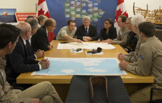 [Prime Minister Stephen Harper, joined by Leona Aglukkaq and Ryan Harris, Senior Underwater Archaeologist and Project Lead, Underwater Archaeology Service, Parks Canada, announces the discovery of one of the ships belonging to the ill-fated Franklin Expedition lost in 1846] 9 September 2014