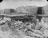 Piles of Water mains in captured village on Arras front. April 1917 Apri1, 1917.