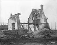 A house wrecked by shell fire behind Canadian lines. Battle of Passchendaele. November, 1917 Nov., 1917.