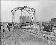 Canadian Railway Troops unloading a new narrow gauge engine. Vimy Front. August, 1917 1914-1919