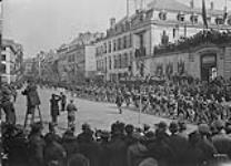 (Belgian) Company of 27th Canadian Infantry Battalion "Guard of Honour". 85th Infantry Battalion band in attendance. - "13th Belgian Regiment returns to Namur." April 1919 April 1919.