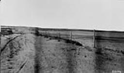 Soil drifted along a fence, telephone line and road, [Sask.] 1920