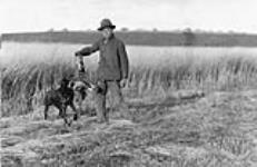 Dog carrying a prairie chicken in his mouth 1900-1910