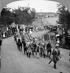 (Quebec Tercentenary) Dollard des Ormeaux and his French Canadian companions, heroes of Long Sault - historical procession 1908 July 23
