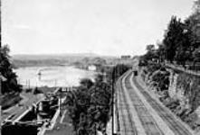 View of Rideau Canal and H.E. Rv. tracks from Chateau Laurier looking north, Ottawa, Ont 1920's
