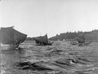 Qagyul natives [of B.C.] rounding into port, the primitive Kwakiutl sail for canoes was a sheet of cedar-bark matting... 1915