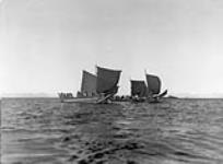 Qagyuhl natives sailing in a large 55 foot canoe in the North Pacific . [The Qagyuhl are a Kwakiutl tribe of British Columbia]