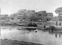 North pueblo at Taos. Taos consists of two house groups, known as Hlauoma, the north town and Hlaugima the south town. [It is a Tiwa pueblo oin north Mexico oon the upper Rio Grande] 1926