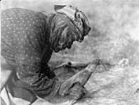 A Blackfoot woman fleshing a hide with a long-bone having a beveld scraping edge. [The Blackfeet are a plains people who have ranged the prairies along Bow River, Alberta] 1928