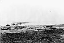 Hudson Bay Ry bridge from mainland, Port Nelson, Man